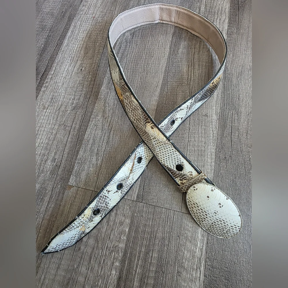 Artisan White and Brown Snakeskin Leather Belt with Oval Buckle